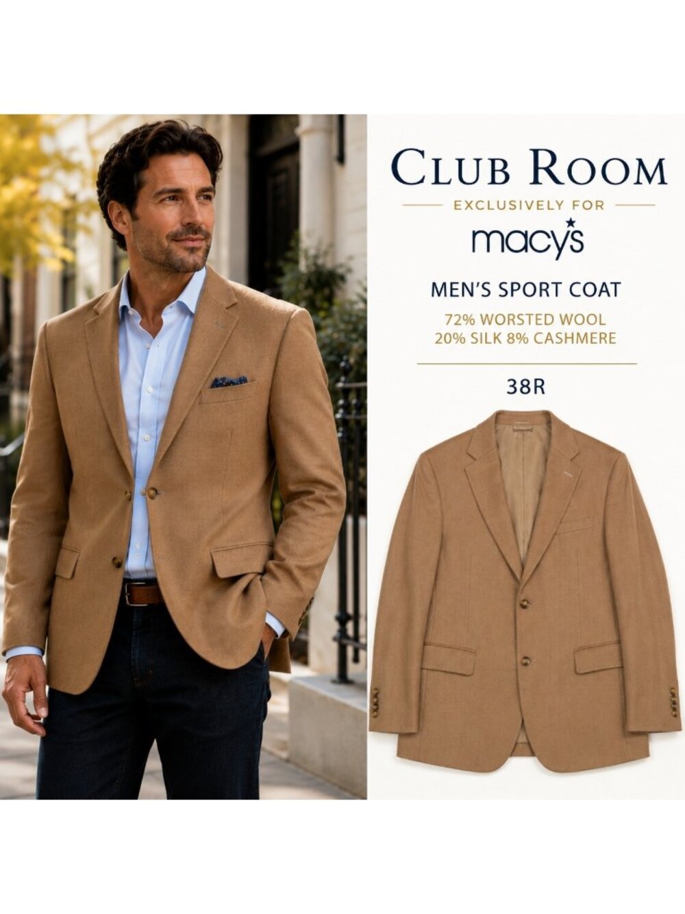 Club Room Macy’s Mens 38R Camel Blazer Wool Silk Cashmere Sport Coat Jacket
